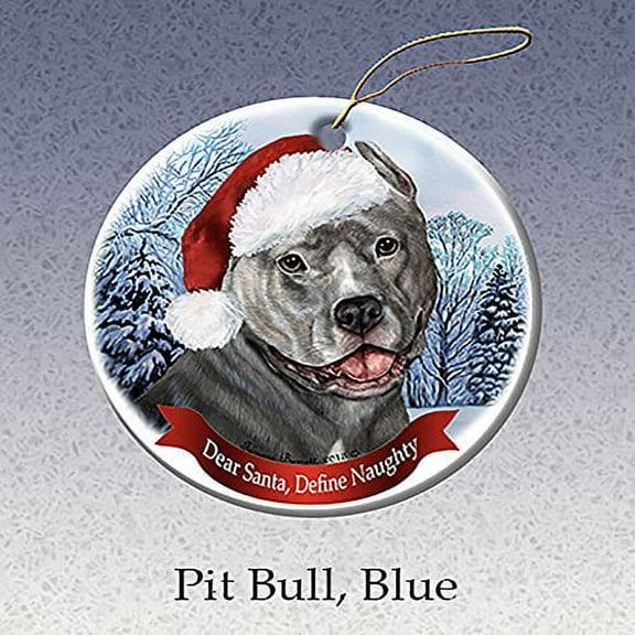 Holiday Pet Gifts Blue Pit Bull (Cropped) Santa Hat Dog Porcelain Ornament