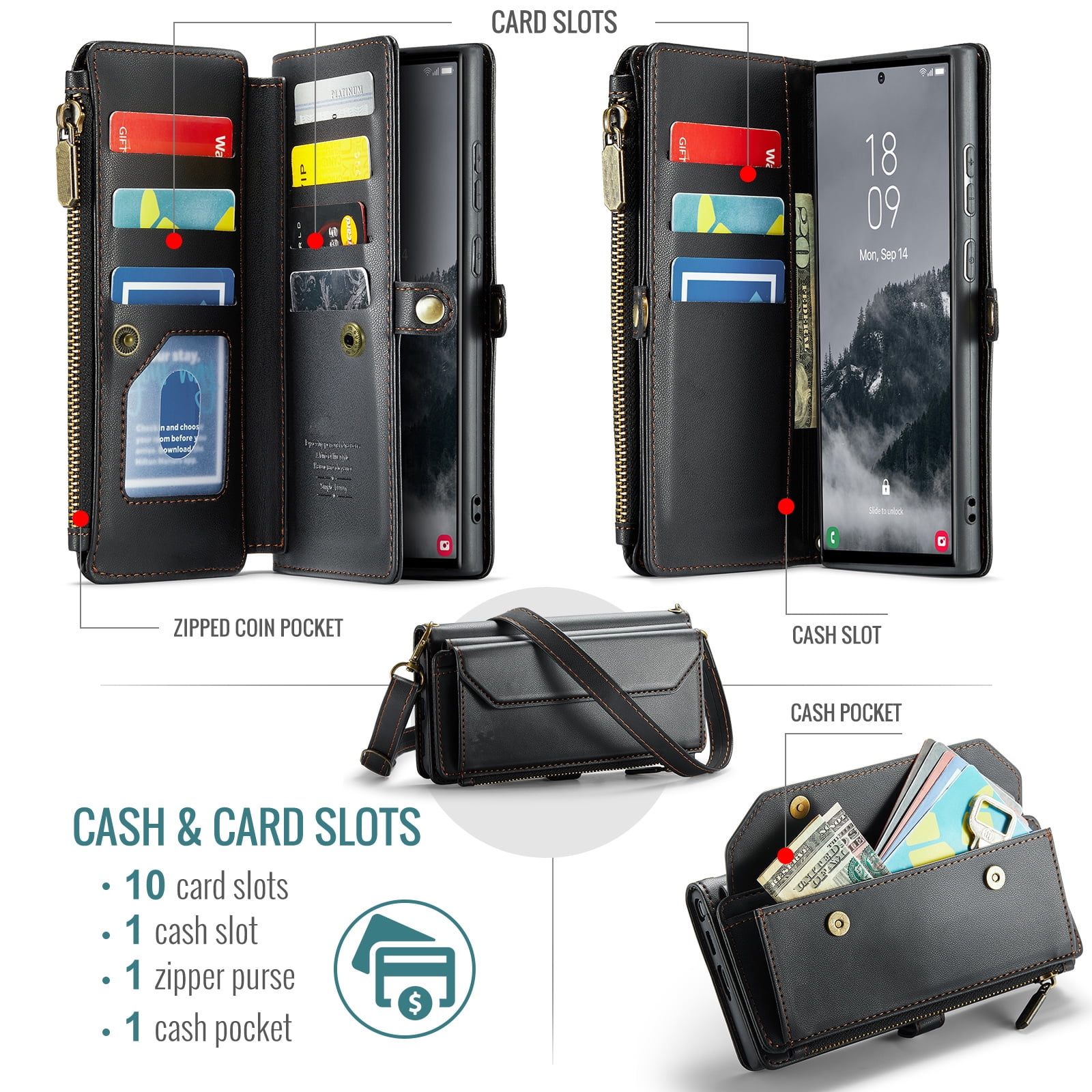 Asuwish Compatible with Samsung Galaxy S25 Ultra 5G Zipper Wallet Phone Case Tempered Glass Screen Protector Crossbody Lanyard Strap Flip Card Holder Slot Cell Cover for S25Ultra 25S S 25 Women Black