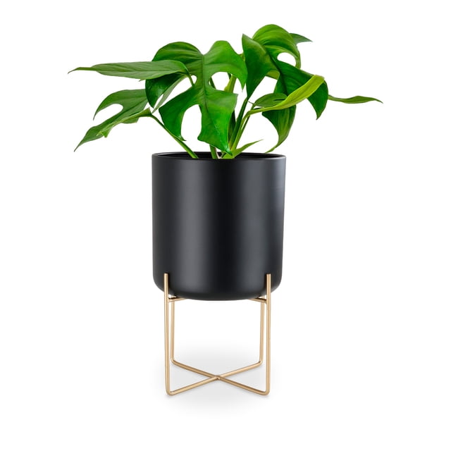 Maceta con Base de Metal Alta Tempere Gaon de Hierro Estilo Moderno Minimalista para Interior y Exterior Negro