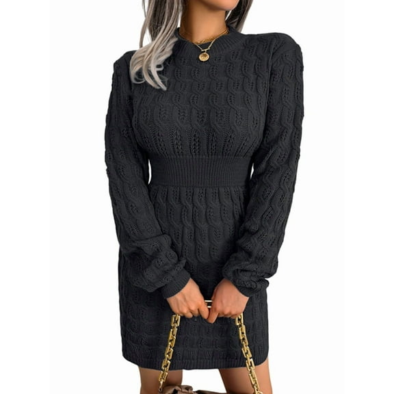 Casual Cable Knit Sweater Dress with Tie-Waist for Female, Autumn Winter Bodycon Tight Long Sleeve Tunic Black S