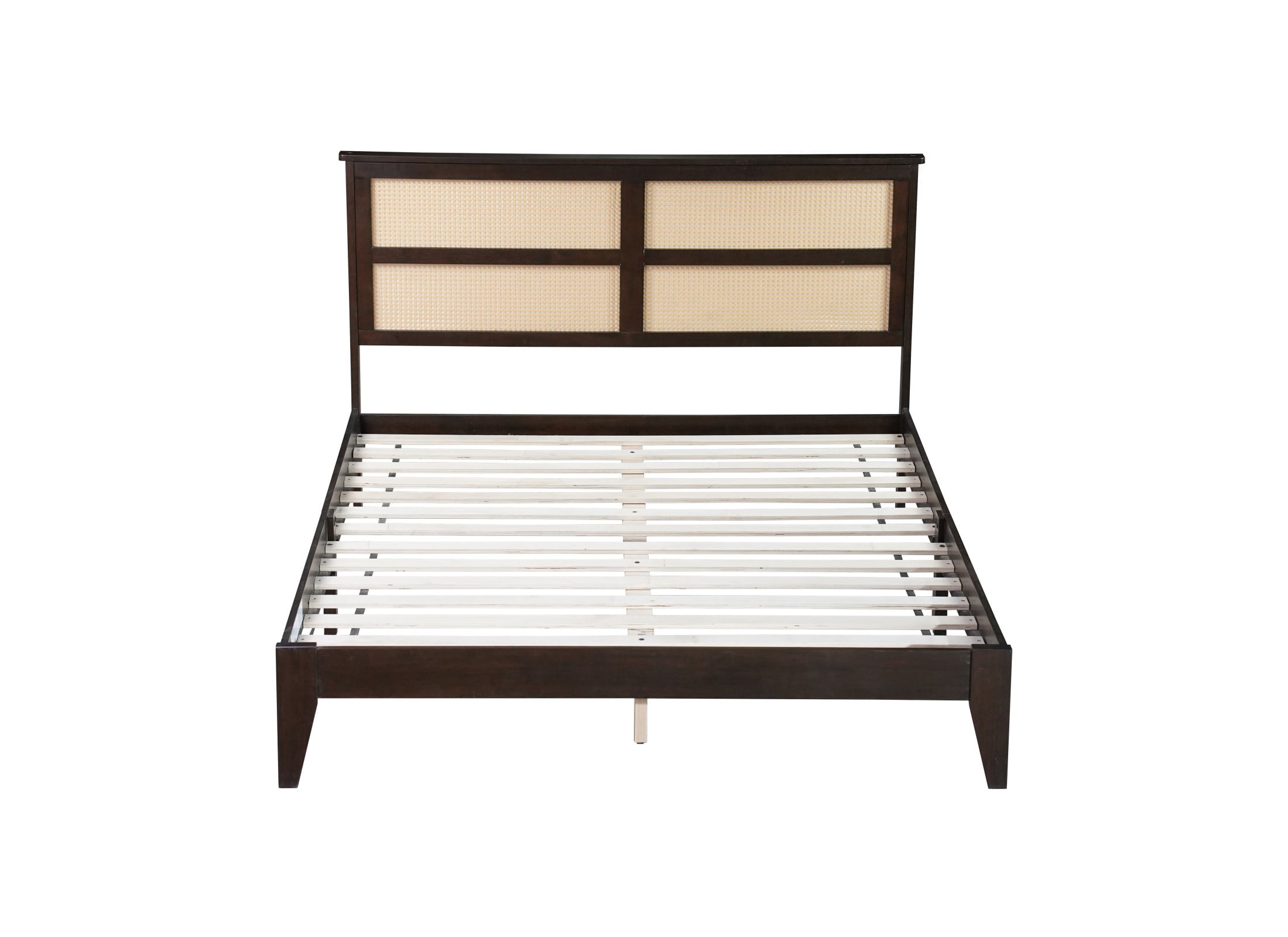 Aukfa Queen Size Bed Frame, Rubber Wooden Platform Bed with Rattan Headboard, Espresso
