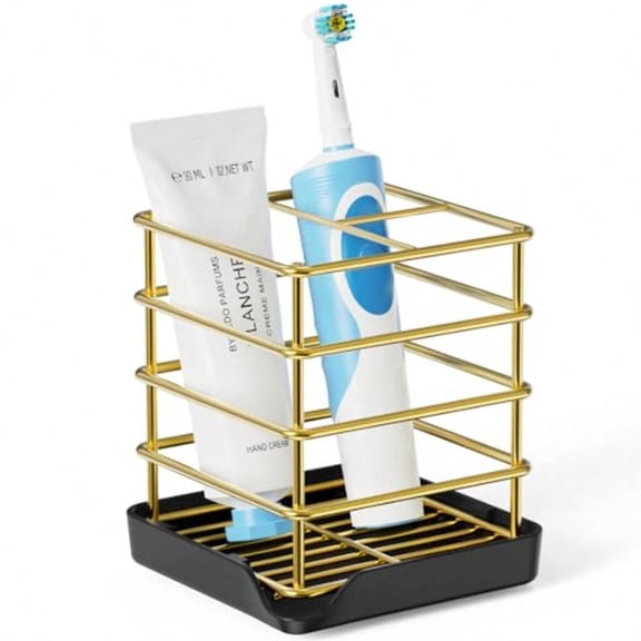 Toothbrush Holders for Bathrooms Stainless Steel Toothbrush Holder Electric 3 Slots Tooth Brushing Holder Stand and Toothpaste Holder for Bathroom Accessories Organizer with Tray Gold