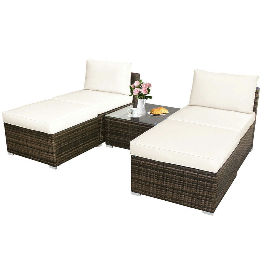 GVN Outdoor Furniture Sets, Outdoor Conversation Set,5 Pieces Patio Rattan Furniture Set with Cushioned Armless Sofa-White GVN Outdoor Furniture Sets, Outdoor Conversation Set,5 Pieces Patio Rattan Furniture Set with Cushioned Armless Sofa-White