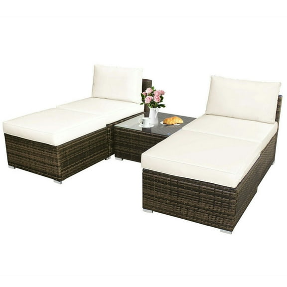 YYAo Outdoor Daybed, Sunbed,5 Pieces Patio Rattan Furniture Set with Cushioned Armless Sofa-White