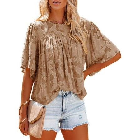Womens 3/4 Bell Sleeve Blouse Summer Crewneck Lace Tops Floral Textured Babydoll Shirts