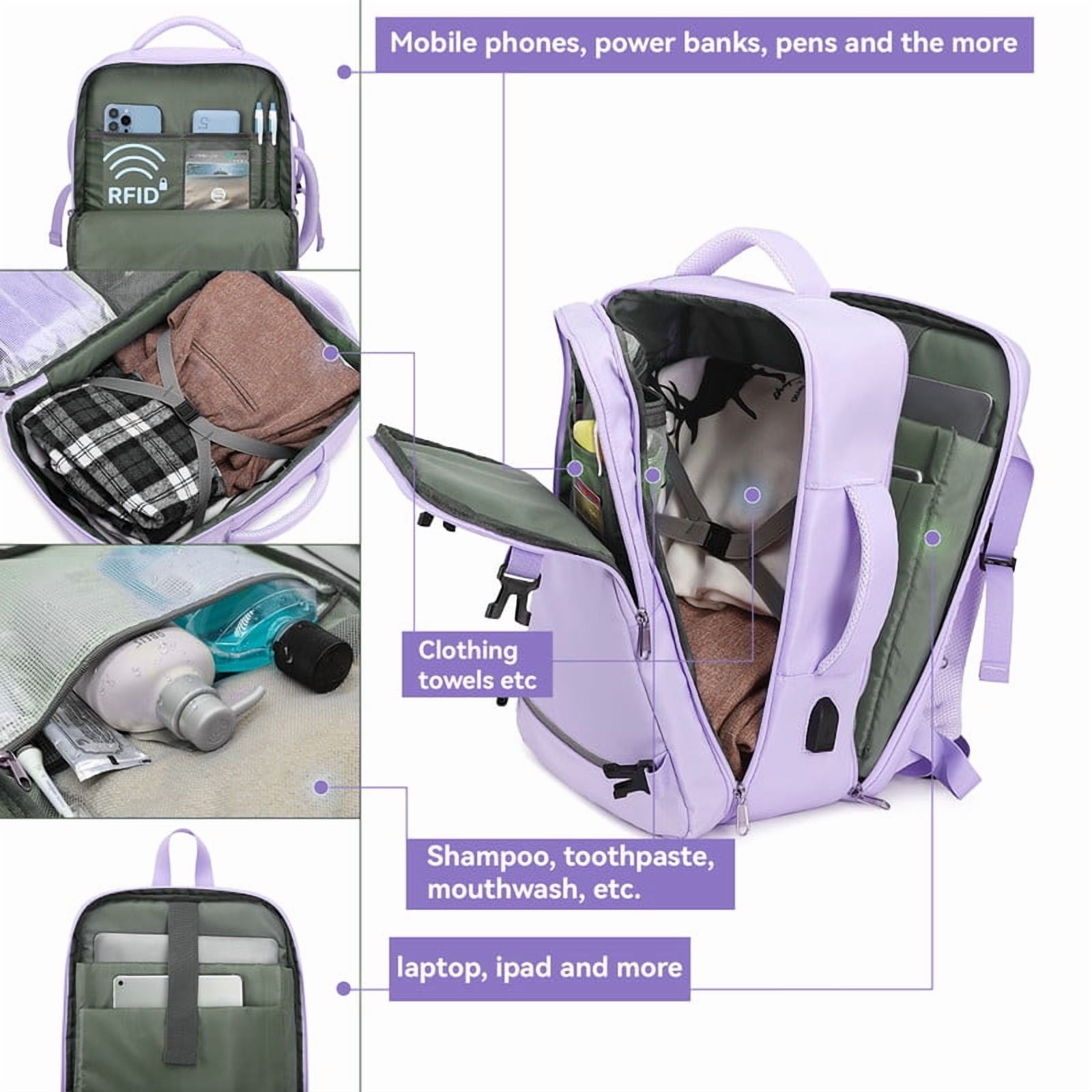XJ-HOME Travel Backpack for Adults - Airline-Approved Carry-On, Waterproof College Backpack, Sports Luggage, Personal Item Suitcase, Business and Hiking Casual Bag, Fits 15.6" Laptop (Purple)