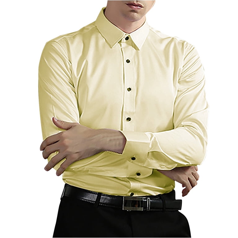 fitted lace wedding dress Gingham Texture Solid Yellow Button Up Long Sleeve Dress Shirt by Bespoke Moda main image 1