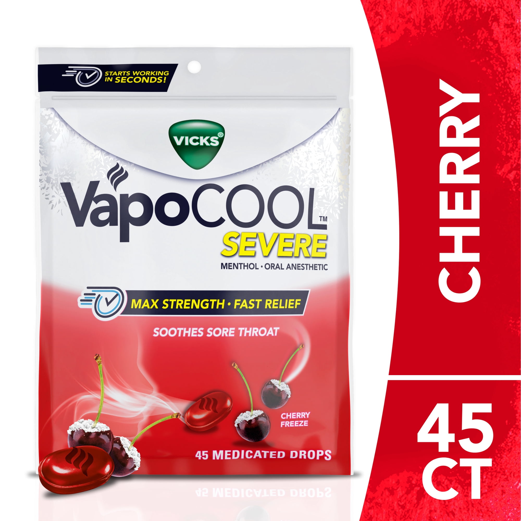 Vicks VapoCOOL SEVERE Menthol Cough Drop for Sore Throat Relief, Cherry, 45 count