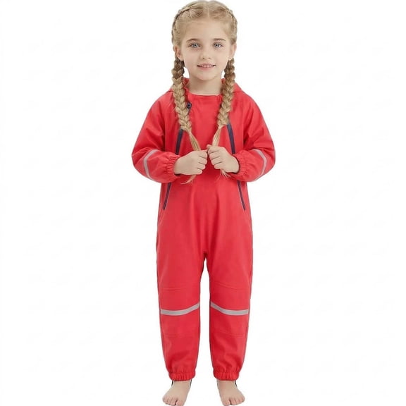 Mifsaly Kids Rain Suit Girls Boys Waterproof Hooded Coverall with Reflective Strips Toddler Lightweight Outdoor Play One Piece Raincoats