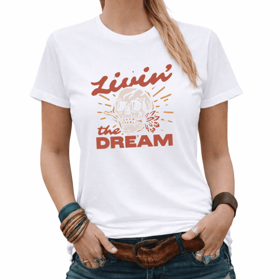 Livin' the Dream Skull and Rose Retro Graphic Tees Women's Western Boho Shirt