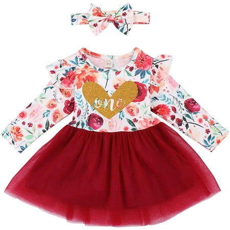 

ZOELNIC Toddler Baby Girl Ruffle Long Sleeve One Piece Dress Floral Tutu Skirt with Bowknot Headband Outfits Wine red 12-18 Months