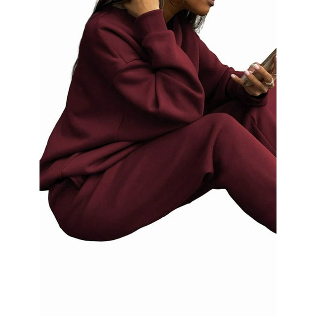 Conjunto Deportivo de 2 Piezas para Mujer: Sudadera de con Media Cremallera y Pantalón de Chándal Vino Tinto L