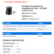 Distributor Cap and Rotor Kit - Compatible with 1988 - 1995 GMC C1500 4.3L V6 1989 1990 1991 1992 1993 1994