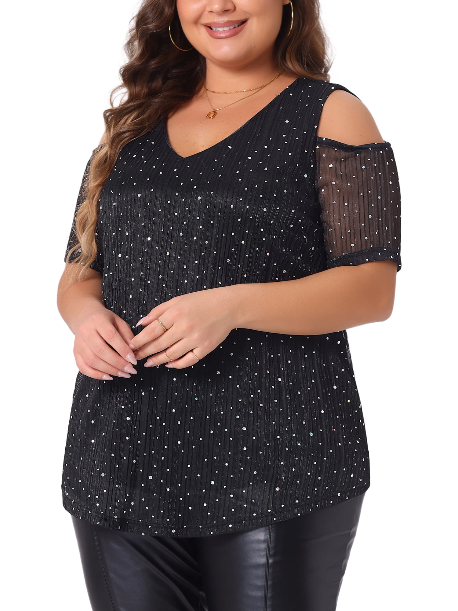 Women's Plus Glitter Sequin Cold Shoulder Short Sleeve Party Blouse 2X Black