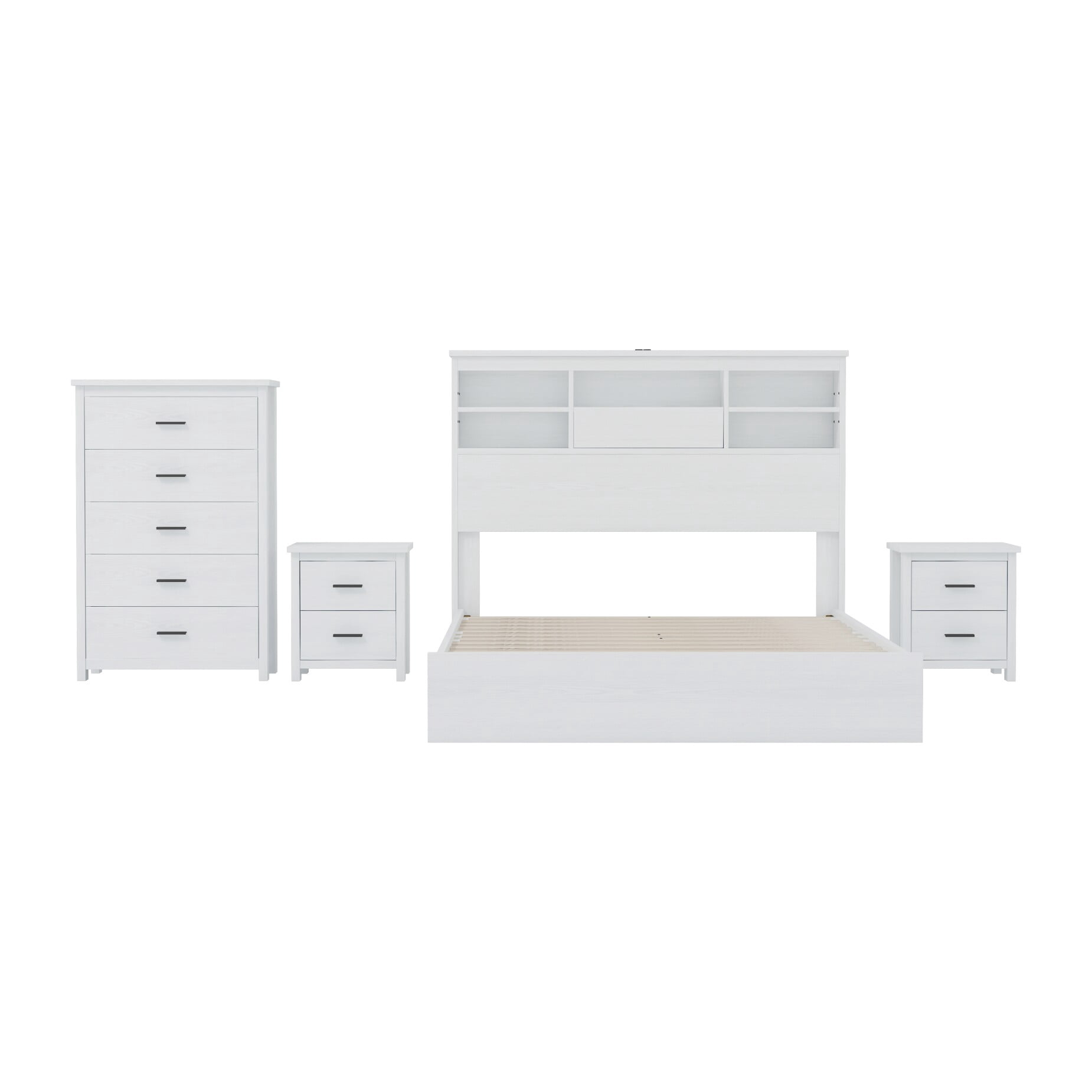 4-Pieces Queen Size Bedroom Set, Vintage Platform Bed Frame with Storage Headboard, USB Charging Port & 1x Dresser Cabinet 5 Drawers & 2 x Nightstands, No Box Spring Needed, White