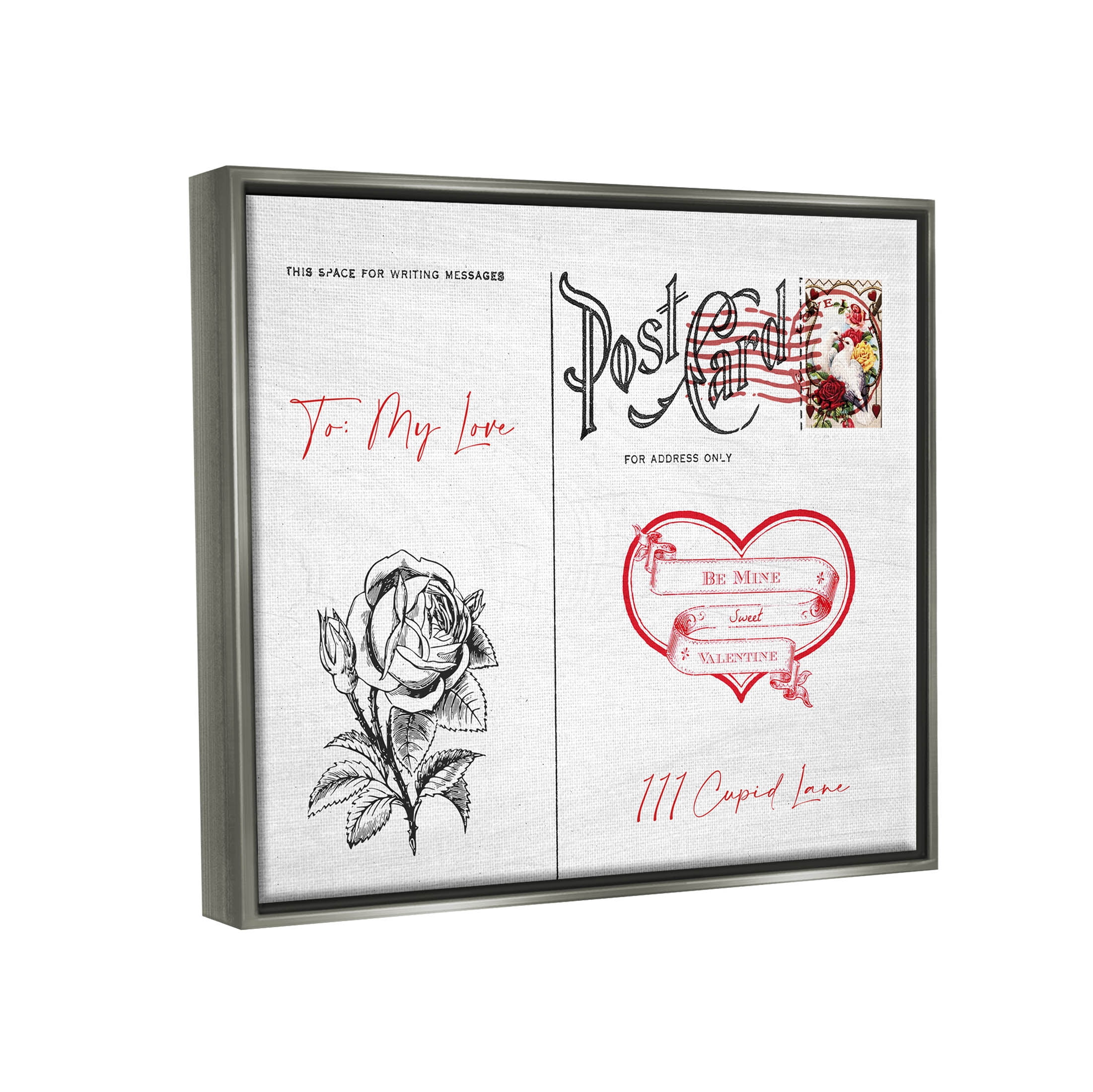 Stupell Industries To My Love Valentines Postcard Graphic Art Luster Gray Floating Framed Canvas Print Wall Art, Design by Lil' Rue
