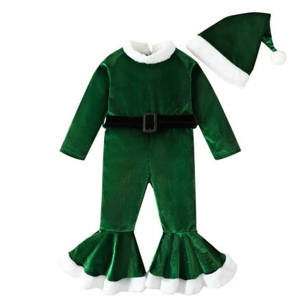

SYNPOS Toddler Baby Girls Velvet Flare Jumpsuit+Hat Chiristmas Santa Claus Outfit