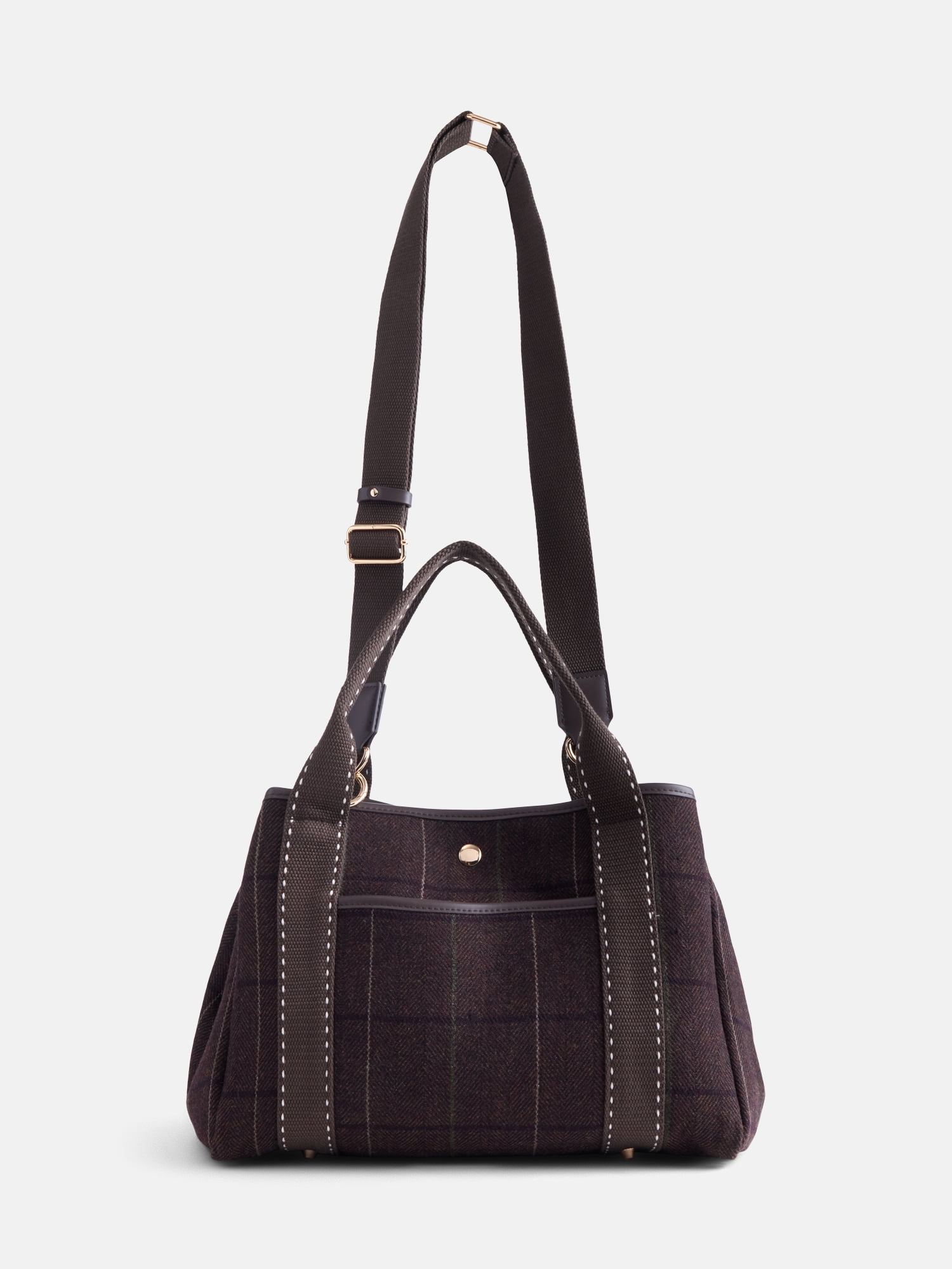 Free Assembly Women’s Plaid Medium Tote Handbag, Dark Brown