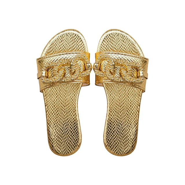 Sandalias OYOANGLE con cadena dorada con estampado de cocodrilo para mujer, color champán