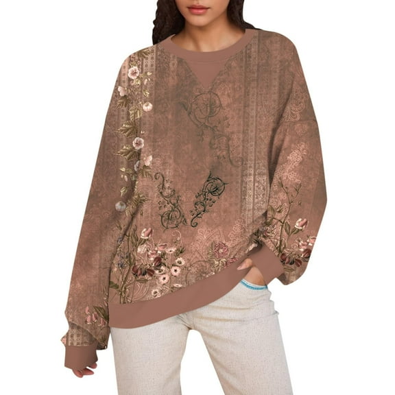 Xqxayjr Women Plus Size Long Sleeve Shirts Oversized Tunic Tops Floral Printed Trendy Pullover Tops Loose Fit Crewneck Tops Fall Clothes