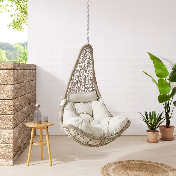 Ulax Furniture Wicker Teardrop Hanging Basket Chair with Steel Chains and Soft Cushion, Beige