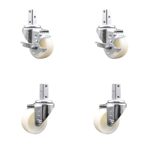 3 Inch Nylon Wheel Swivel 7/8 Inch Square Stem Caster Set 2 Brakes SCC