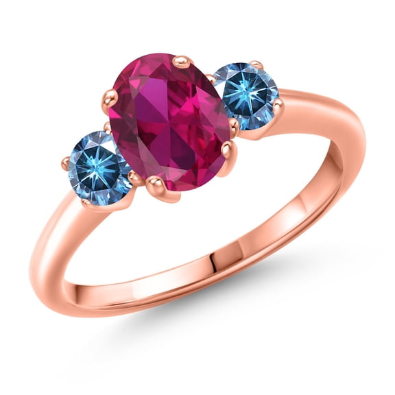 Gem Stone King 18K Rose Gold Plated Silver Ring Oval Red Created Ruby and Vivid Persian Blue Moissanite (1.81 Cttw, Size 6)