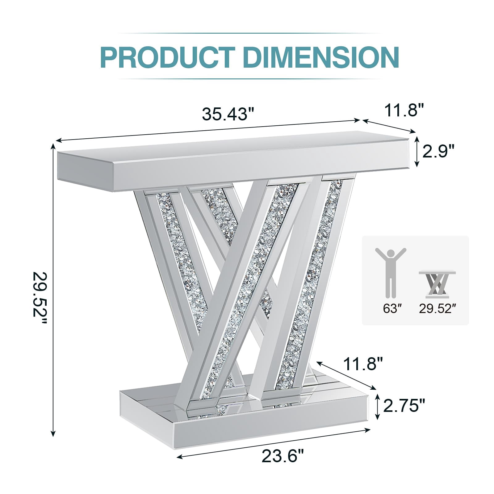 Modern Entryway Console Table with Crushed Diamond Inlay, 35" Silver Mirrored Glass Hallway Table for Entryway, Glam Decorative Sofa Tables for Living Room
