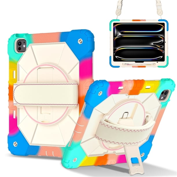 Funda Resistente a Golpes para iPad Pro 11 2025 / 2024, Funda Protectora de Silicona Anti-caída + Capa de PC con Soporte Giratorio de 360°, Correa para el Hombro, Colorida