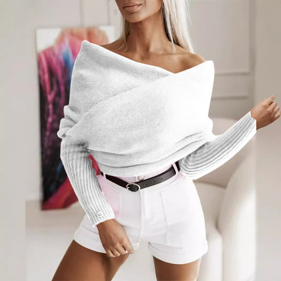 Antqov Sweaters for Women, Solid Color V Neck Off Shoulder Long Sleeve Multiple Styling Blouse, Outing Shopping Stylish Cozy Fall Sweater