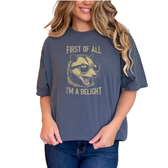 Funny Raccoon Shirt, First of All I'm a Delight T-Shirt, Cute Animal Graphic Tee, Fun Gift Idea, Humorous Quote Shirt, Unisex Casual Top, Denim Comfort Colors T-Shirt, Small