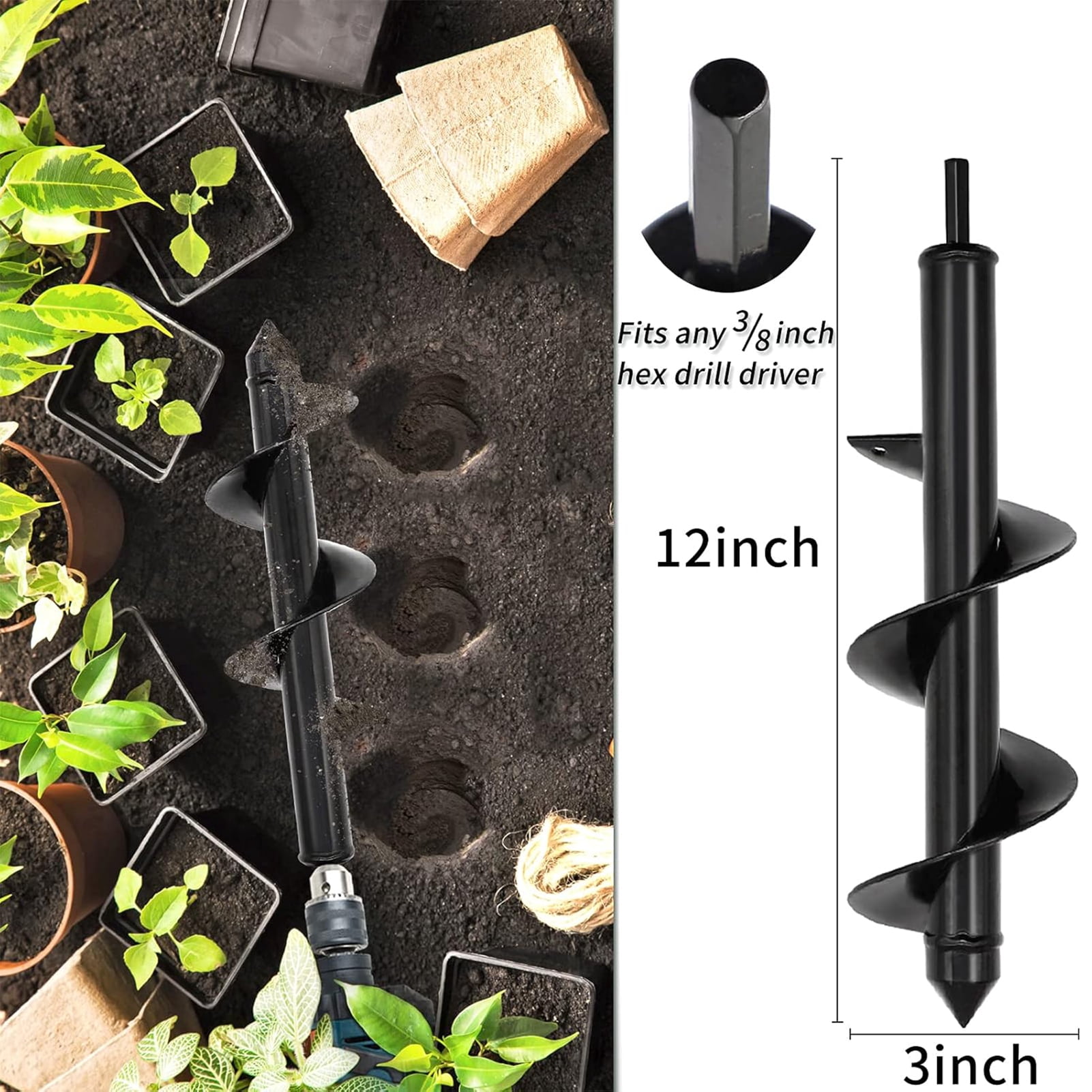 Garden Auger Drill Bit for Planting 4 Pack, 1.6"x9", 1.6"x16.5", 3"x12", 3"x16.5" Heavy Duty Earth Auger Drill Bit Set for Planting Bulbs, Flowers, Umbrella Holes, Post Holes