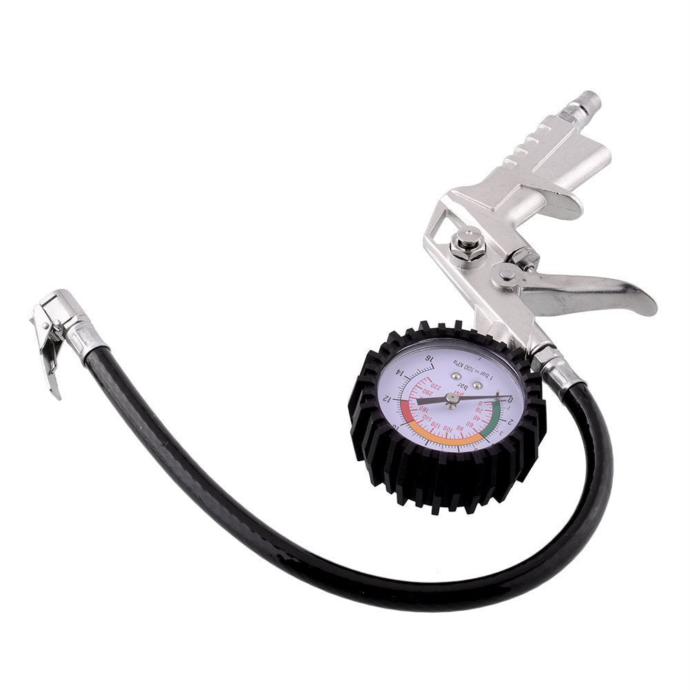 Lock On Chuck Flexible Hose Tire Inflator with Air Pressure Gauge Pistol Tools 