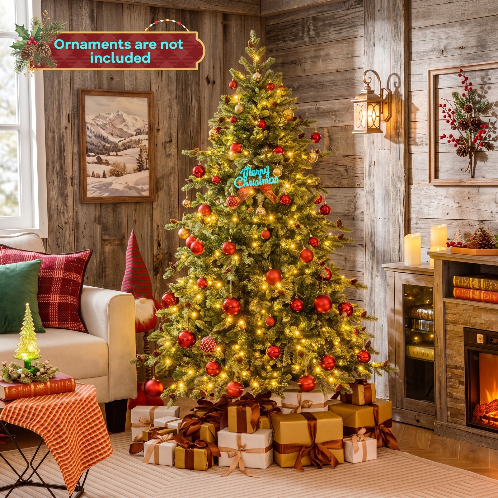 RUIE 6 FT Artificial Christmas Tree with 240 Warm White LED Lights and 53 Pine Cones, Pre-Lit Hinged Xmas Tree with Metal Stand for Home Office Holiday, Green