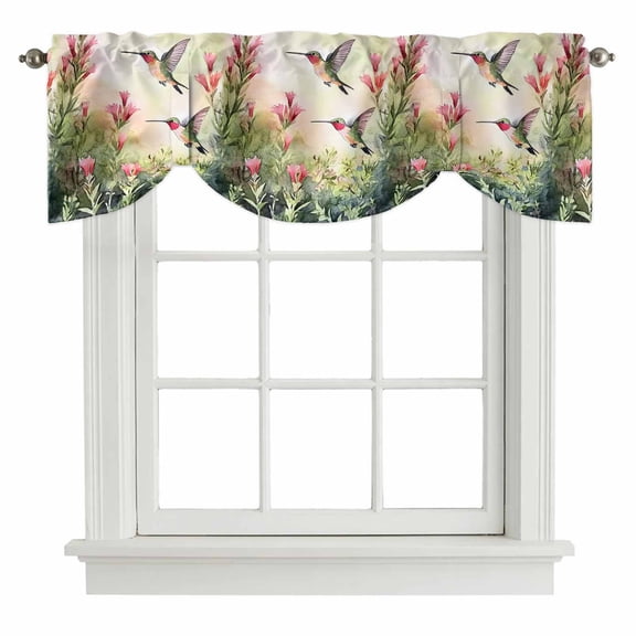 Tie Up Valances for Windows, Hummingbird Red Floral Adjustable Valance Curtains Window Treatment for Living Room/Bedroom, Rustic Botanical Green Ombre Rod Pocket Kitchen Curtains & Drapes 60x18 Inch