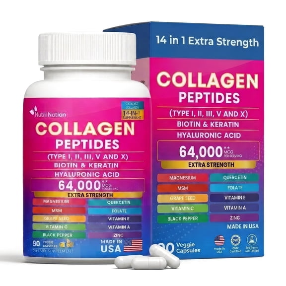 Nutri Nation Collagen Peptide Capsules for Skin, Hair, Nails, Type I, II, III, V & X, 90 Count