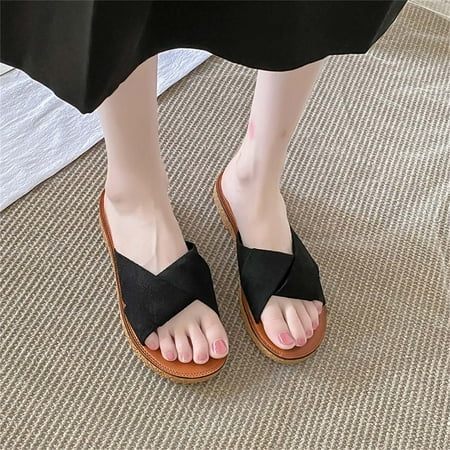 

uikmnh Slippers for Women Summer Women Slippers Cross Strap Solid Color Flat Bottom Comfortable Casual Black 6.5