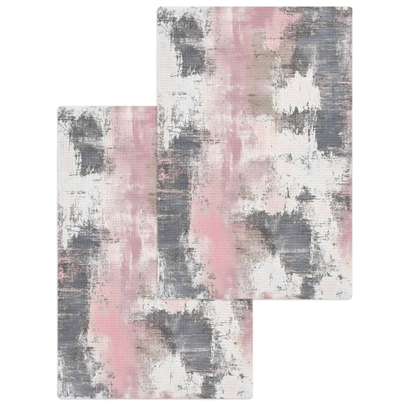 Pink Grey Abstract Kitchen Dish Towels for Drying Dishes Set of 2, Modern Minimalist Smear Art Waffle Weave Microfiber Hand Tea Bathroom Towels Quick Dry & Absorbent Towel 15.7x23.6