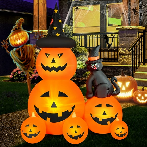 HOPOCO Decoraciones inflables de Halloween de 6 pies, calabaza fantasma espeluznante iluminada y gato de bruja, decoraciones de Halloween inflables al aire libre combo de calabaza con LED incorporado
