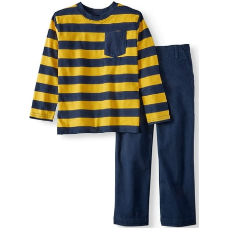 - Long Sleeve Striped Pocket T-Shirt & Woven Pants, 2pc Outfit Set (Little Boys & Big Boys)