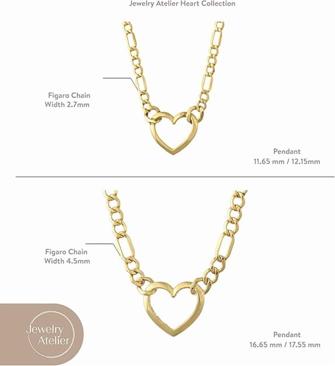 Jewelry Atelier Gold Filled Figaro Heart Necklaces – 14K Yellow Gold Filled Heart Pendant with Solid Figaro Chain for Women with Different Sizes (2.7mm, 4.5mm)