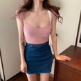 thumbnail image 3 of Pudcoco Hauts Basiques en Maille Côtelée pour Femmes, Manches Courtes Couleur Unie T-Shirts Ajustés, 3 of 5