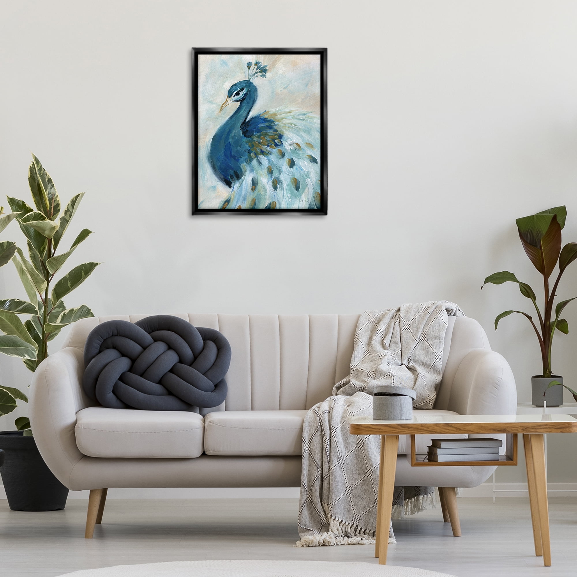 Stupell Industries Elegant Blue Peacock Animals & Insects Painting Black Floater Framed Canvas Art Print Wall Art, 25 x 31