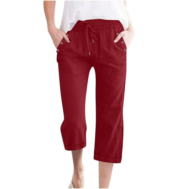 Womens Tops Spring Fall Clothes Loose Tops Solid Color Drawstring Linen Casual Button Decoration Pocket Wide Leg Straight Roll-up Trousers Hem Cropped Trousers Plus Size Tops For Women Summer
