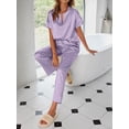 thumbnail image 4 of DAKIMOE Womens Silk Satin Pajama Sets Short Sleeve Pjs V Neck Pajamas for Women with Long Pant S to XL, 4 of 8