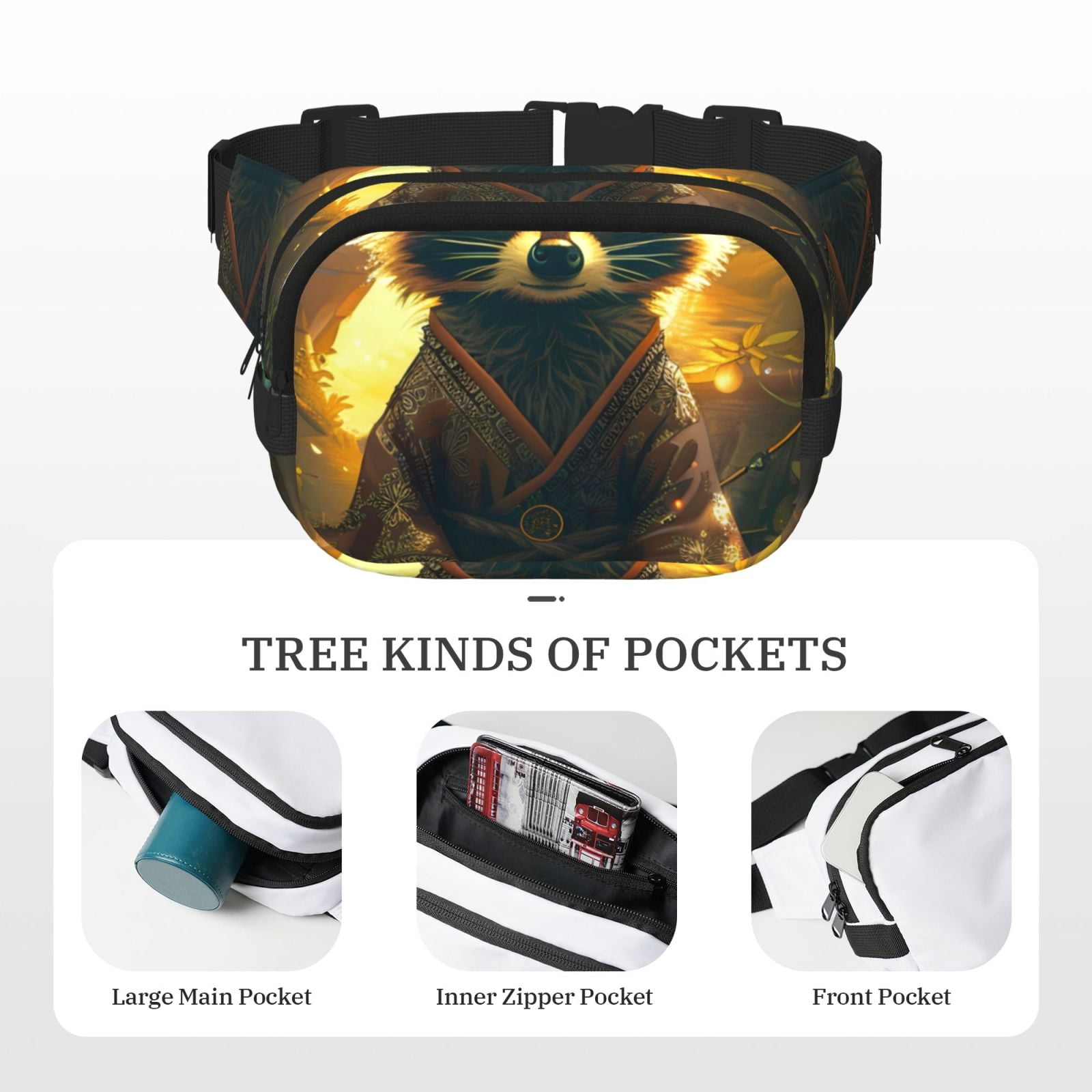 Picia Tree Meditating Raccoon Print Square Double-Layer Waist Bag Mini Adjustable Waist Belt Bag Exercise Running Travel Hiking