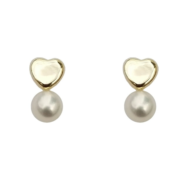 Arete Punto Metálico Broquel Corazón con Perla Ch Oro 10k