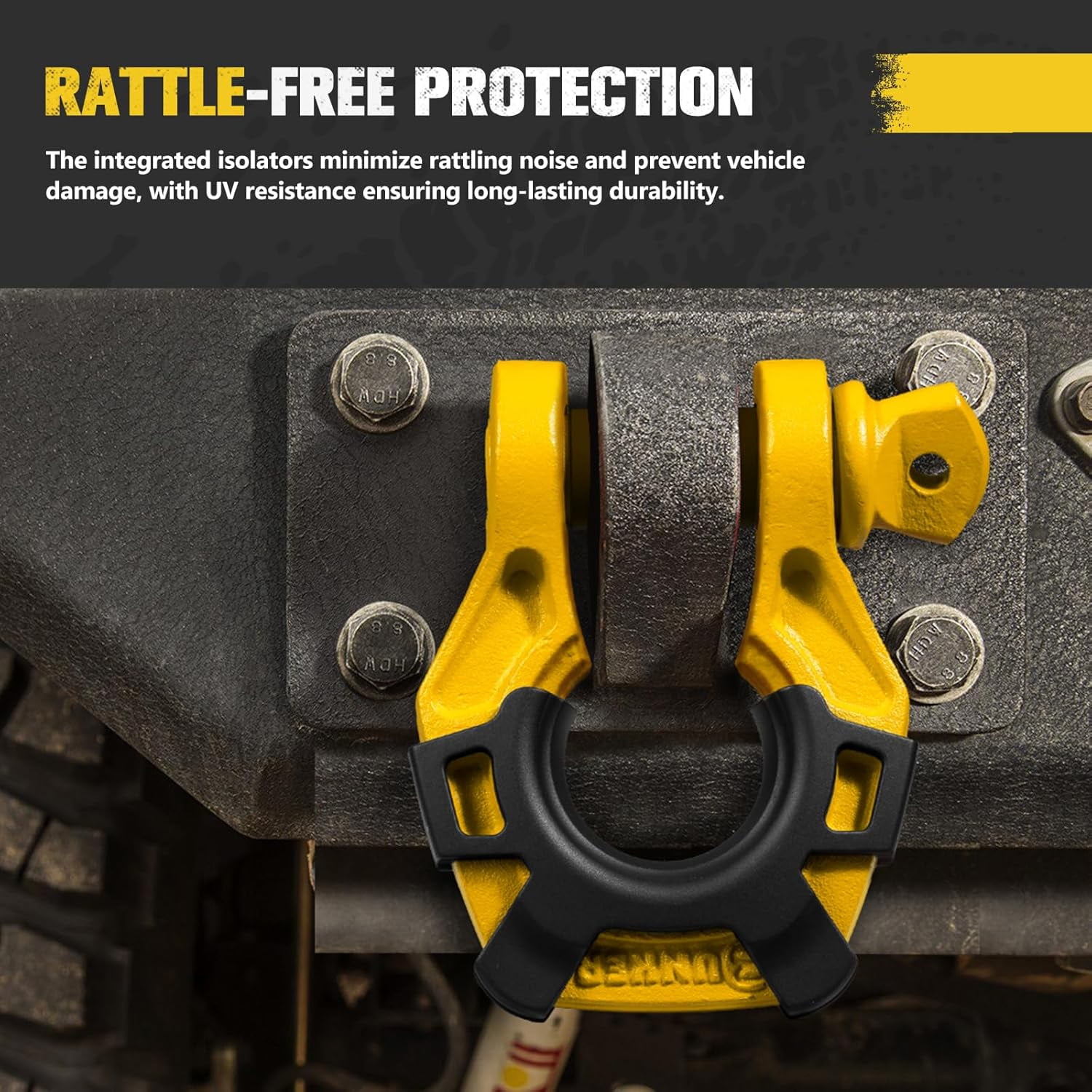 BUNKER INDUST 3/4" D Ring Shackle with 7/8" Pin,Yellow Tow Shackles with Isolator for Use with Tow Strap, Winch, 2 Pack Off-Road Recovery Shackle for Jeep Truck ATV UTV, 42,000lbs Break Strength