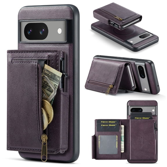 for Google Pixel 7 Back Wallet Phone Case with RFID Blocking Detachable Card Holder, PU Leather Flip Kickstand Shockproof Zipper Pocket Magnetic Cover for Google Pixel 7, Purple