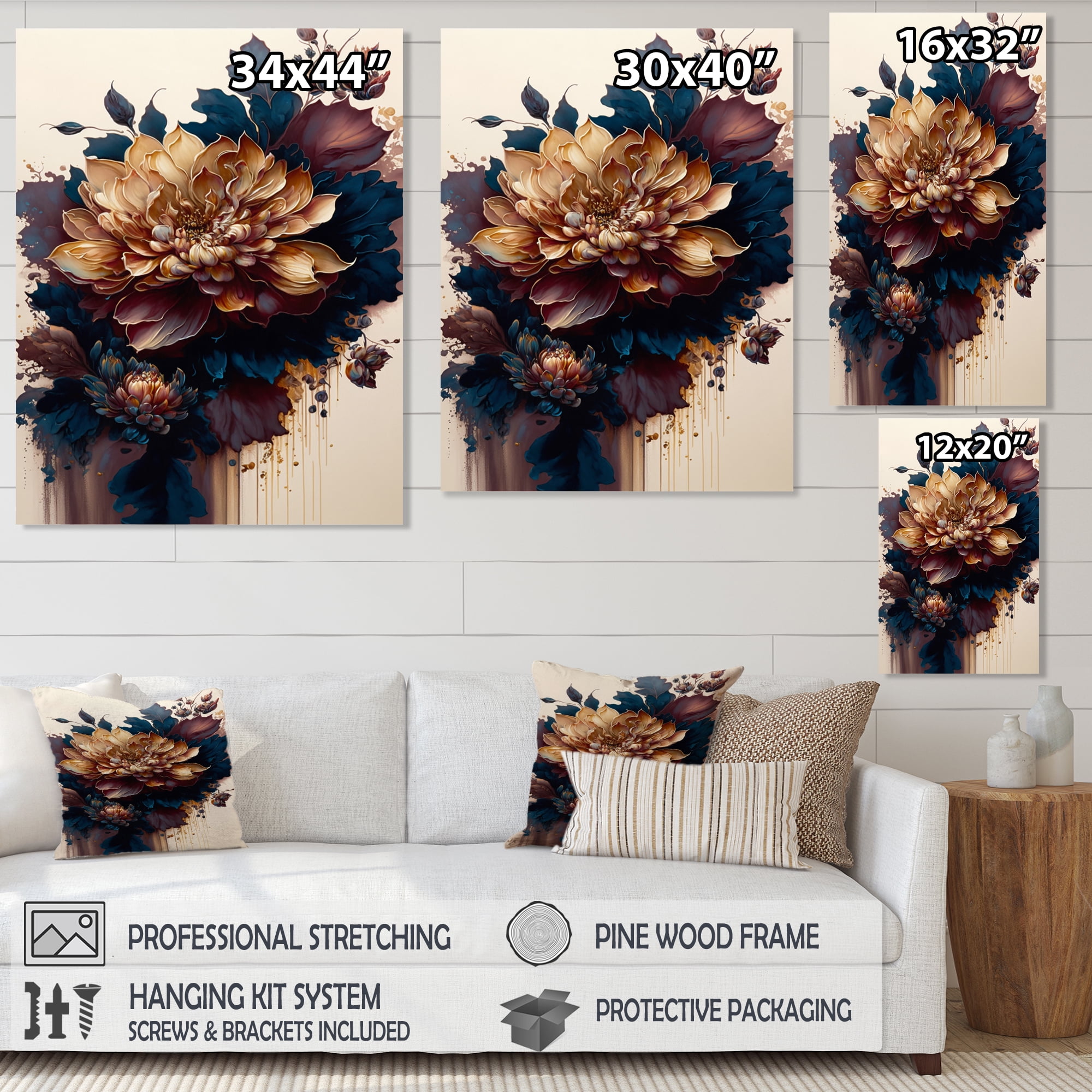 Designart Burgundy And Blue Dahlia Bunch II Canvas Wall Art